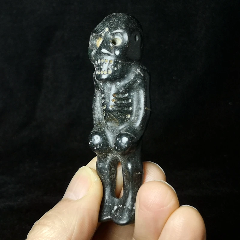 CULTUER ART Chinese Hongshan Culture Magnet Meteorite jade carved Skeleton Skull Man statue Old Pendant Gift Collection