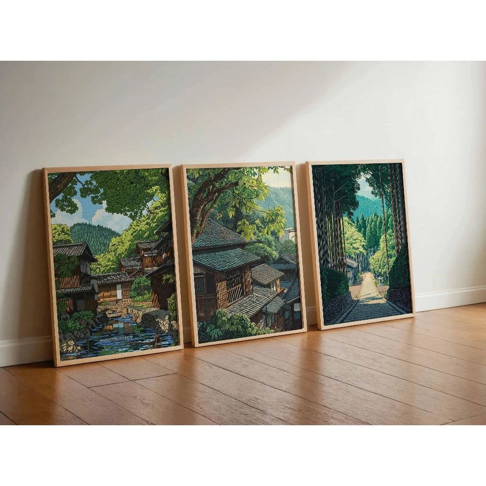 3pcs frameless Canvas Painting 3pcs Frameless Decorative Posters from Kyoto, Japan Scenic Views of Temples, Trees, and the Ocean