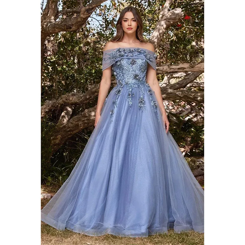 2024 New Elegant Off the Shoulder Prom Dress A-line 3D Flower Lace-up Back Evening Birthday Party Gowns