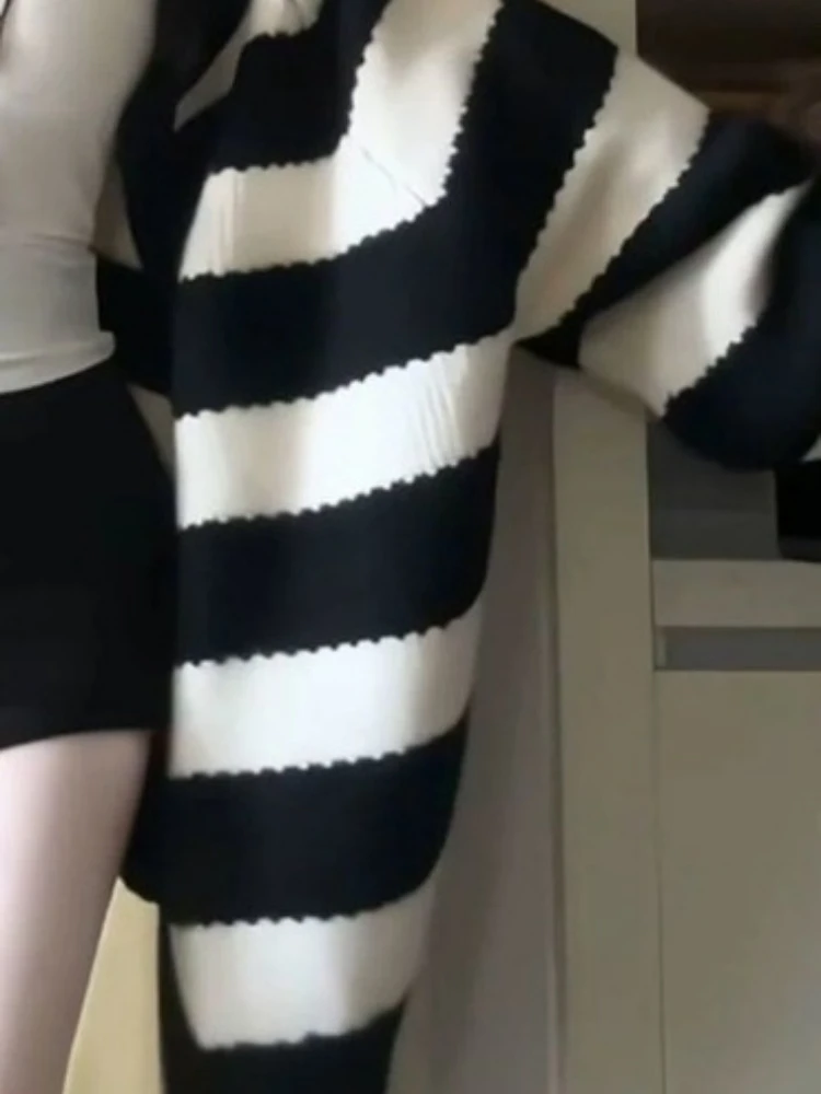 Streetwear Grunge Gestreifte Strickjacken Frauen Y2k Ästhetischen Einreiher Herbst Pullover Adrette Casual Lose Gestrickte Mäntel