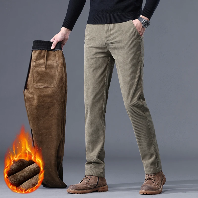 High Quality Winter Warm Khaki Grey Fleece Men's Corduroy Casual Pants Thicken Chenille Stretch Business Trousers Thermal Pants