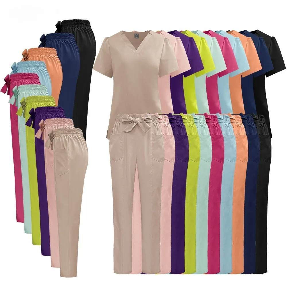 Women Doctor Nurse Work Uniform Scrubs Leg Pants Solid Color Set