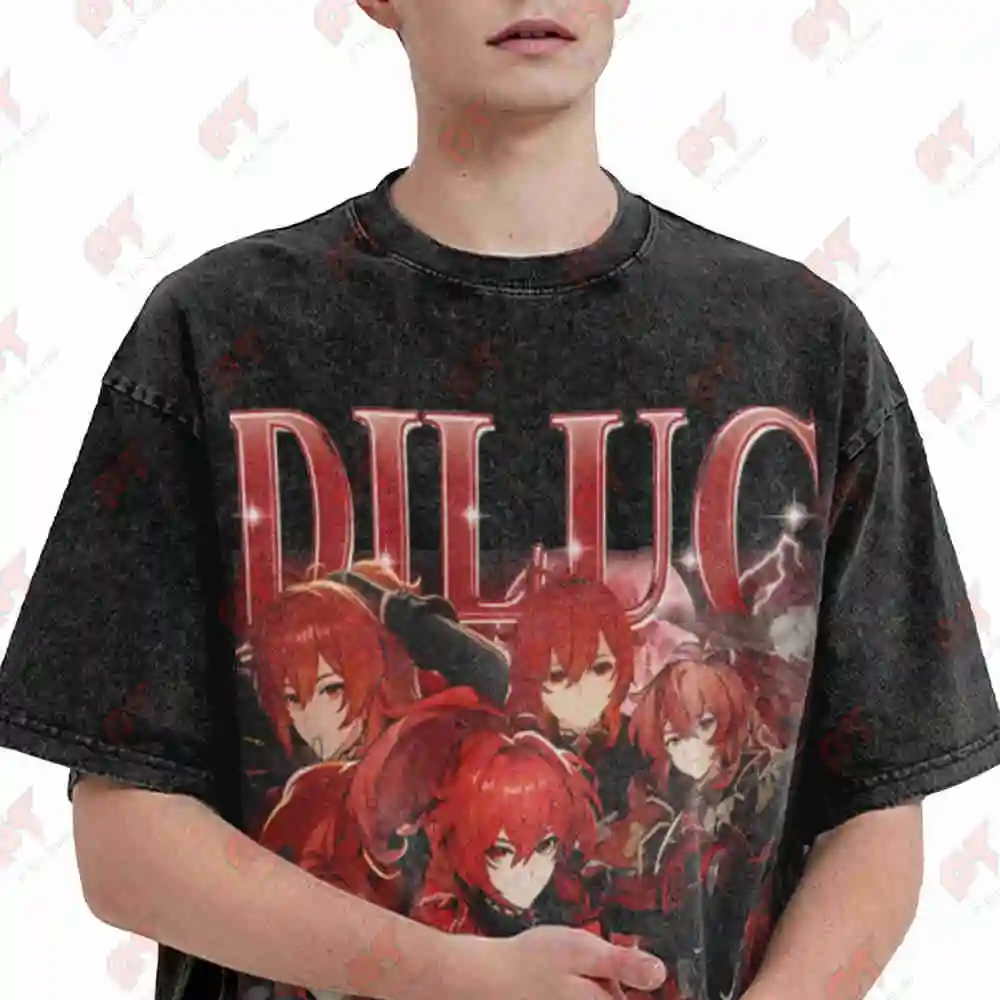 Diluc Genshin Impact Gaming Bootleg Husbando Vintage Washed Tee Pure Cotton T-Shirt