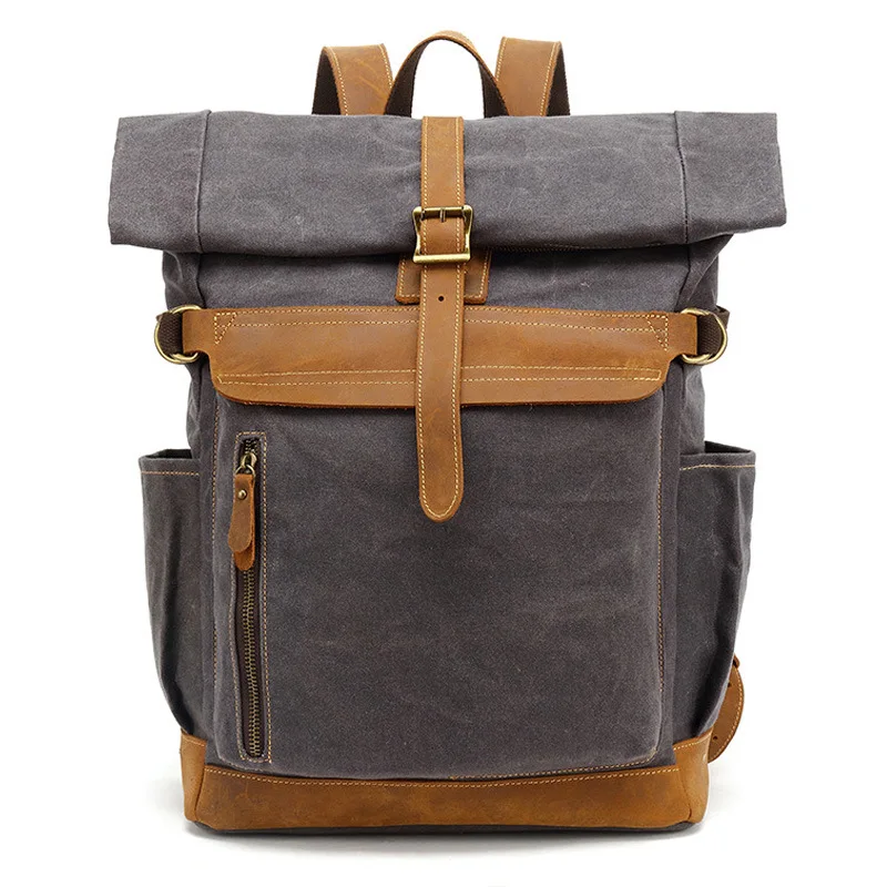 Retro canvas and leather color-blocking backpack with large capacity drawstring, simple commuting and travel computer backpack