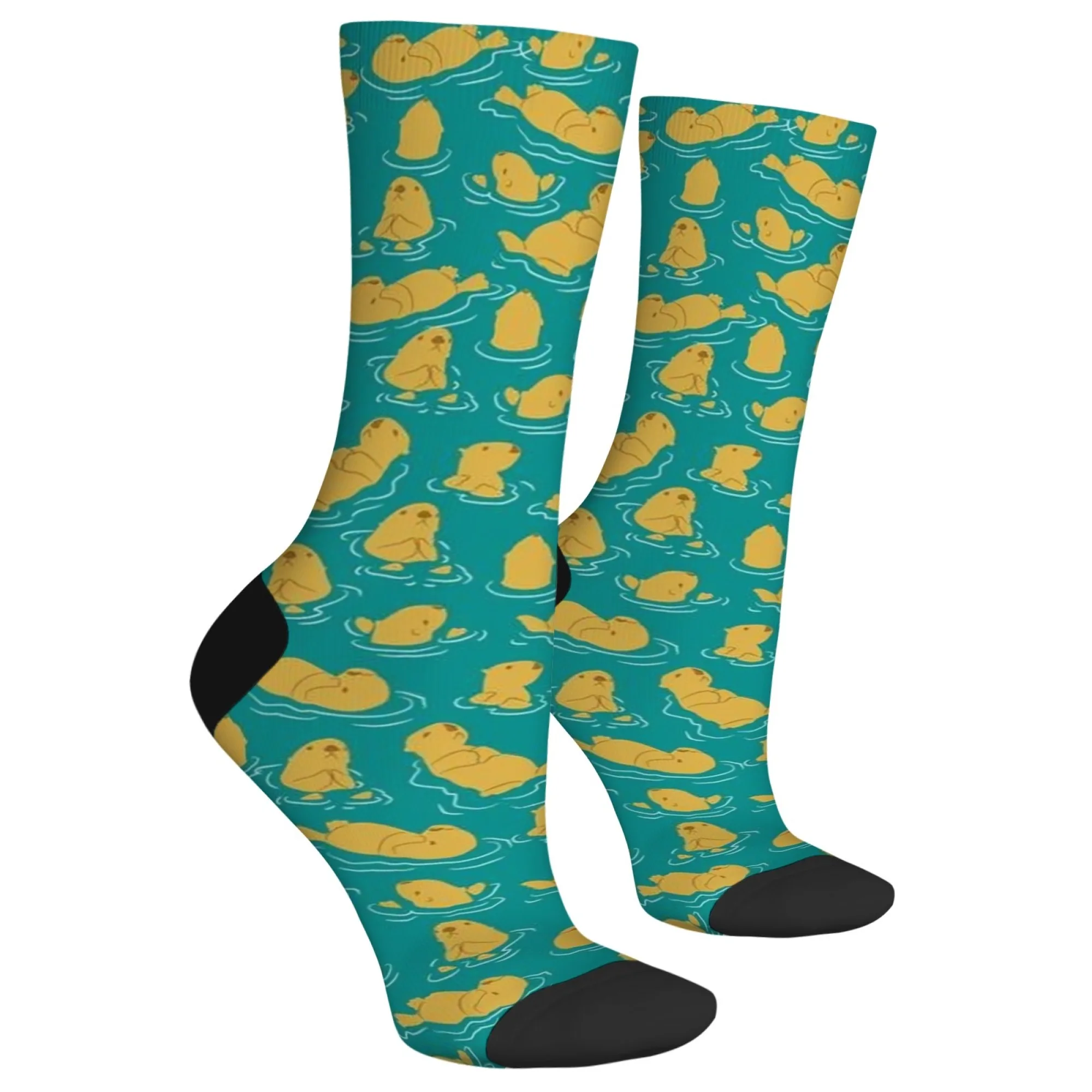 Harajuku Retro Cute Otter Print Men's Socks, Fresh Turquoise Background with Cartoon Animal Pattern, Casual Socks, Party Gift