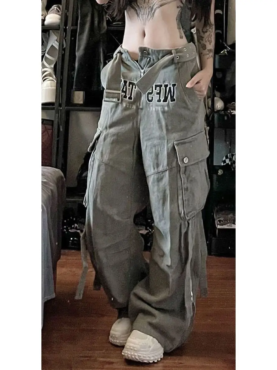 Gray Cargo Slacks Women's Early Autumn Letter Embroidery Jeans Straight Draping Loose Wide-leg Long Pants Y2K Style Slouchy Jean