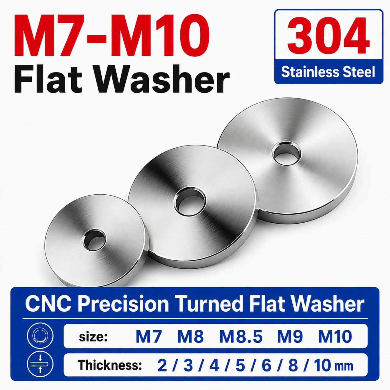 M7 M8 M8.5 M9 M10 304 Stainless Steel Flat Washer, Precision CNC Turned, Thickness 2-10mm for Spacer Gasket