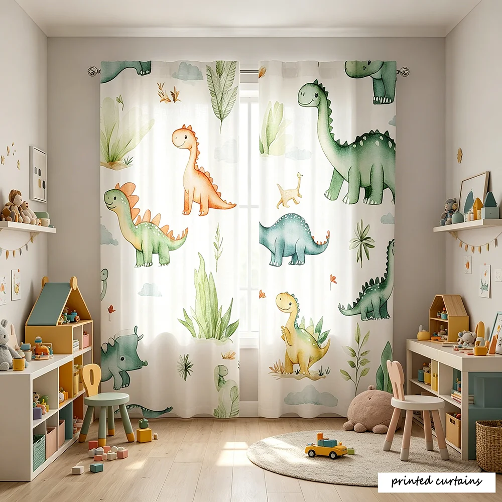 2PCS Green and White Dinosaur and Plant Watercolor Children's Style Digital Printed Curtains, 100% Polyester Fabric, Pole Bag