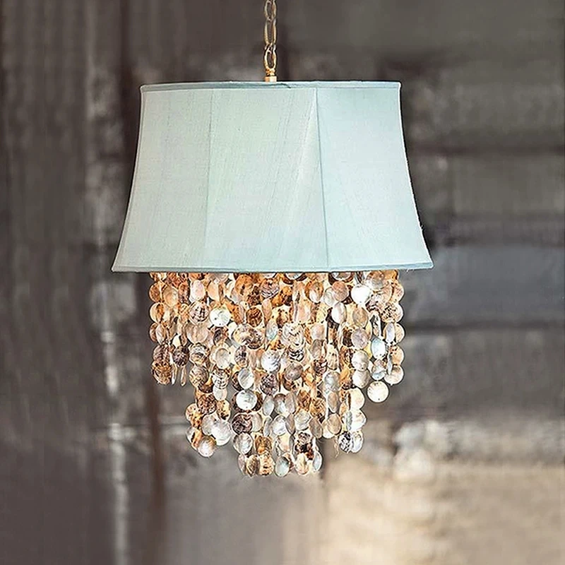 Ocean blue natural shell pendant light, European and American style living room, duplex attic, staircase, bedroom light