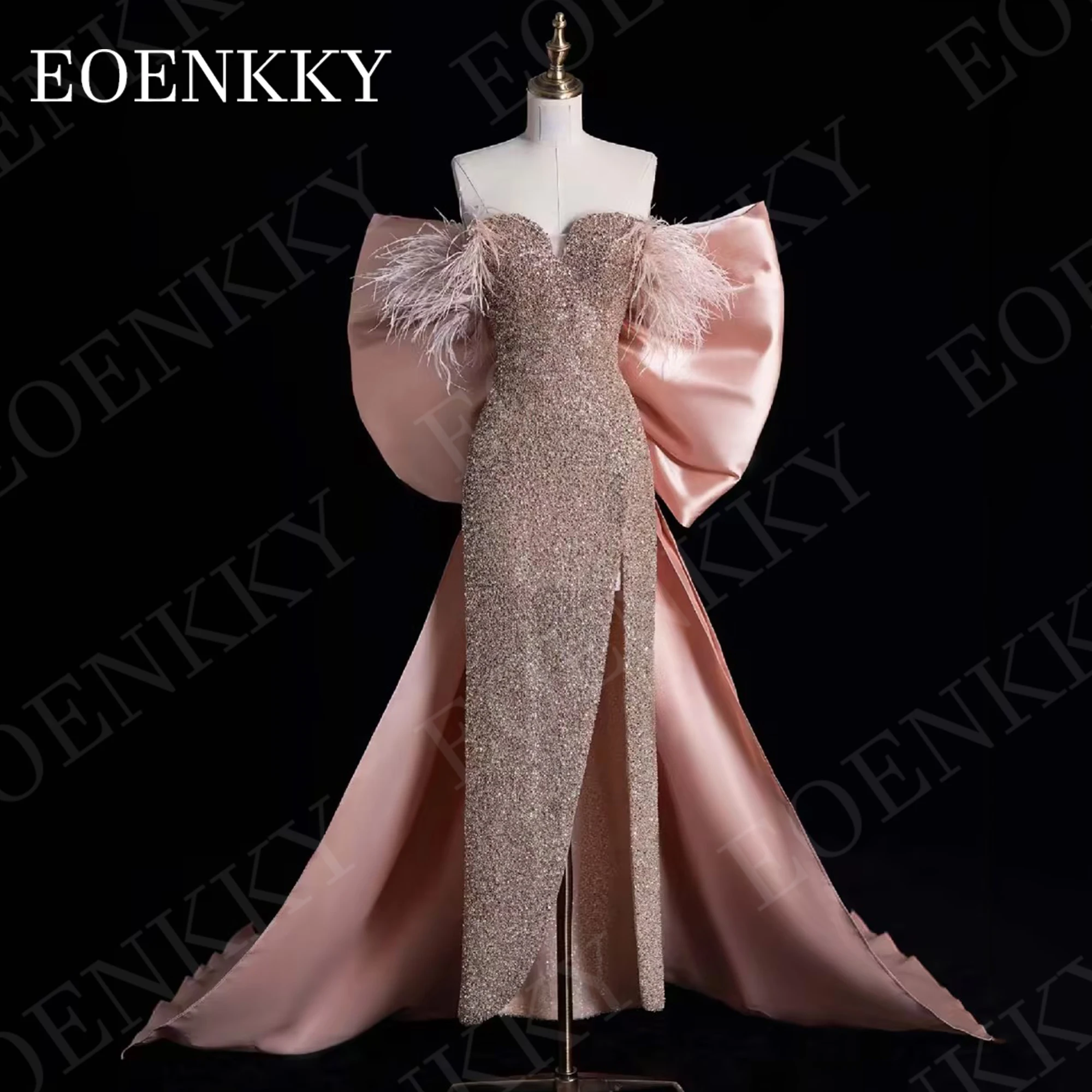 EOENKKY Luxury Mermaid Evening Dress Sparkly Sequins Feathers Off Shoulder Special Occasion Dresses Split Detachable Bow Train