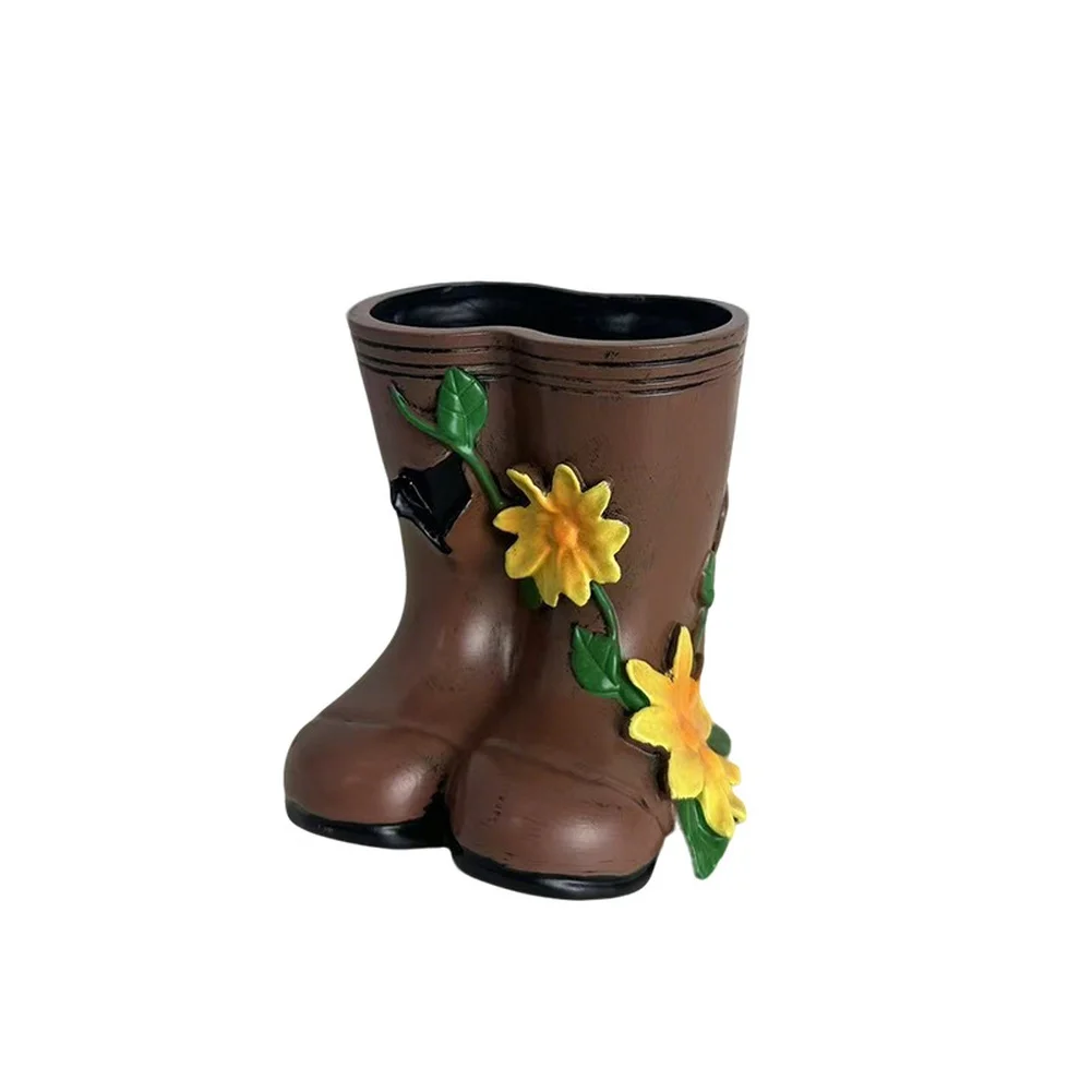 Rain Boot Form Flower Pot for For garden Balcony Decoration Small Space Friendly Organic Resin Brown 13.5x11.5x12cm