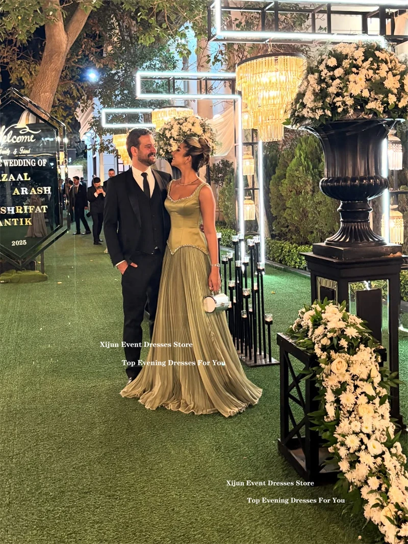Xijun Gogerous Sage Green Evening Dresses Spaghetti Strap Crystal Ruched Prom Dresses Sleeveless A-Line Formal Prom Gowns Custom image 4