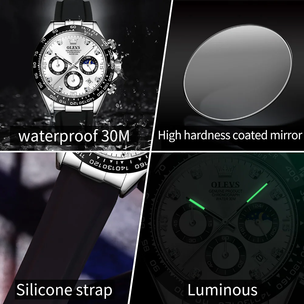 OLEVS Luxury Brand Quartz Watch for Men Waterproof Luminous Moon Phase Hour Men\'s Watch Chronograph Sport Wristwatch Moonswatch