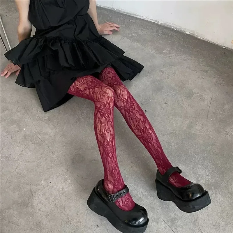 Women Floral Lace Tights Summer Mesh Sexy Hollowed Out Thin and Breathable Retro Punk Y2k Pantyhose Individual Fishnet Stockings