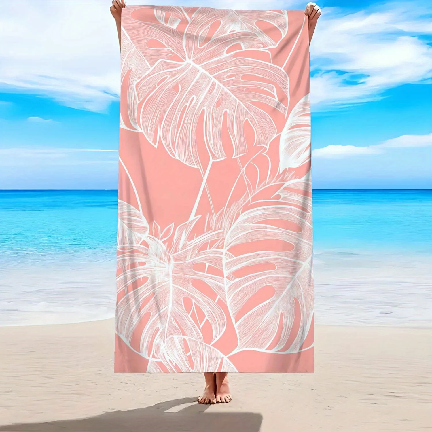 

Пляжное полотенце с розовым принтом листьев монстеры, 1 шт., тропический принт, мягкое, не впитывающее песок, легкое, из микрофибры, ультра-впитывающее, для плавания, кемпинга