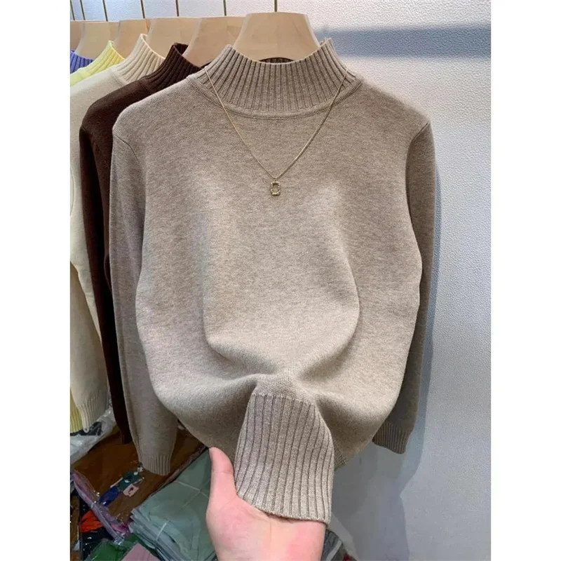 Herfst Winter Mock Hals Vrouwen Trui Vintage Basic Effen Gebreide Koreaanse Tops Casual Slanke Trui Truien Eenvoudige Chique Jumpers