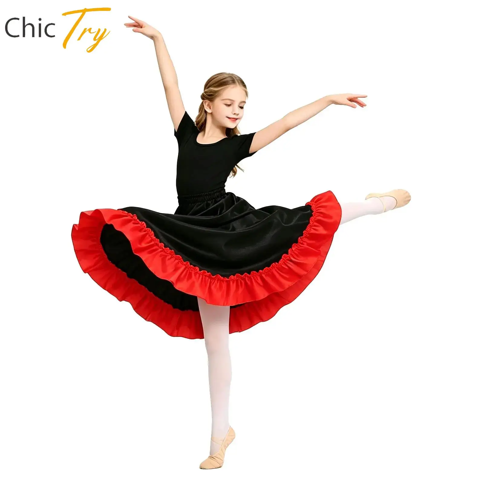Skirt Gypsy Kids Girls Spanish Flamenco Polyester Satin Smooth Big Swing Carnival Party Ballroom Belly Dance Costumes Dress