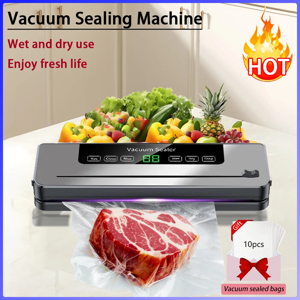 Electric Vacuum Sealer Dry Wet Food Sealed Packaging Machine Food Storage Seal Touch Key Built-In Cutter Knife with 10pcs Bags