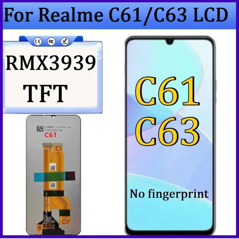 

New TFT For Realme C61/C63 LCD Display Screen Panel Digiziter Assembly Replacement For Realme C61 LCD No Frame RMX3939