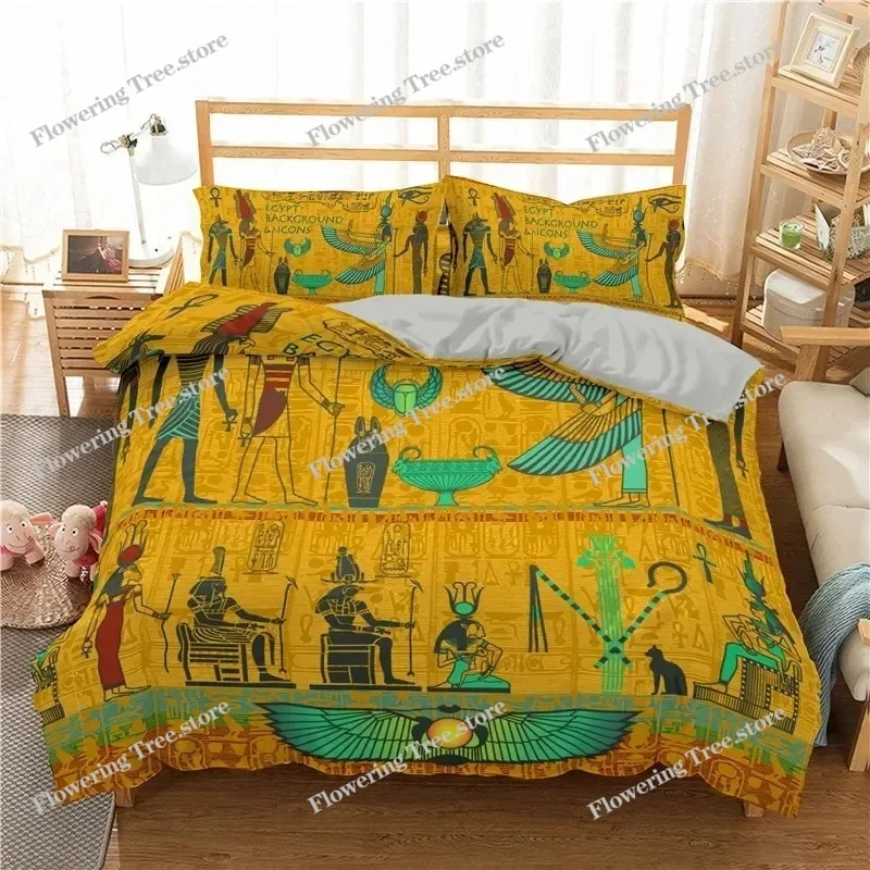 Egyptian Print Duvet Cover Set,3D Ancient Egypt Tribe Decor Comforter Cover Set for Adult Women King Size Polyester Bedding Set