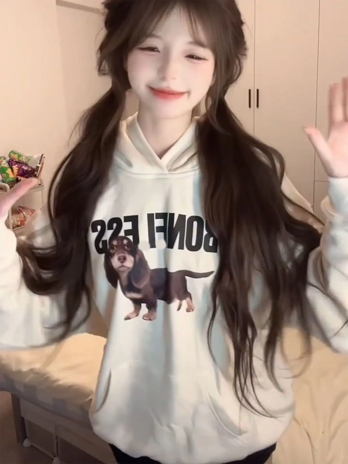 Loose Women's Hoodie Sweatirt Autumn Winter Sausage Dog Letter Print Light Tawny Color Hooded Jaet Casual Versatile Top