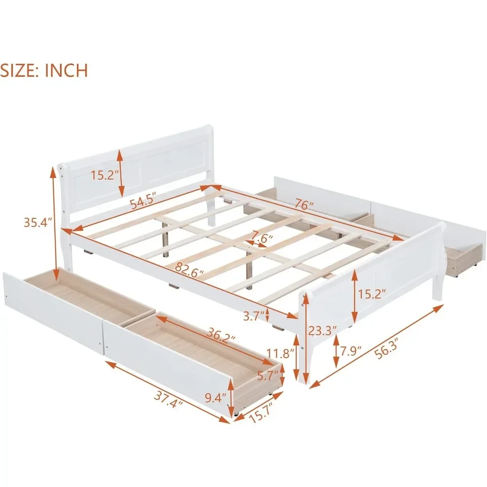 Full Size Bedstead Wooden Headboard and Tailboard 4 Storage Drawers No Spring Mattress Wooden Batten Support White Furniture