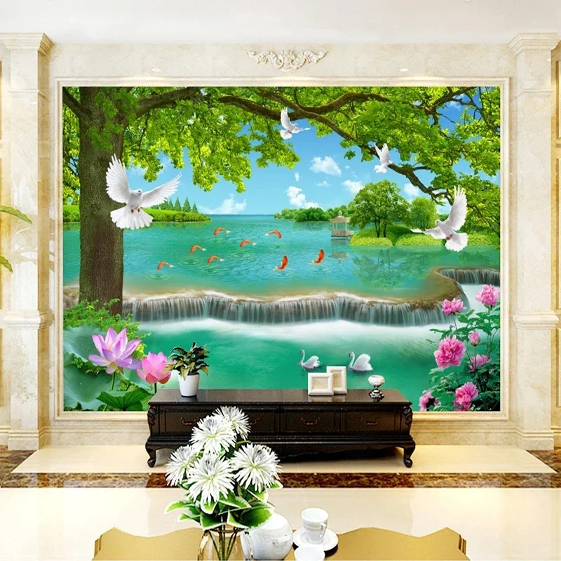 Custom 3D Wallpaper Landscape Painting Lotus Waterfall Chinese TV Mural Living Room TV Sofa Bedroom Study Wall Papel De Parede