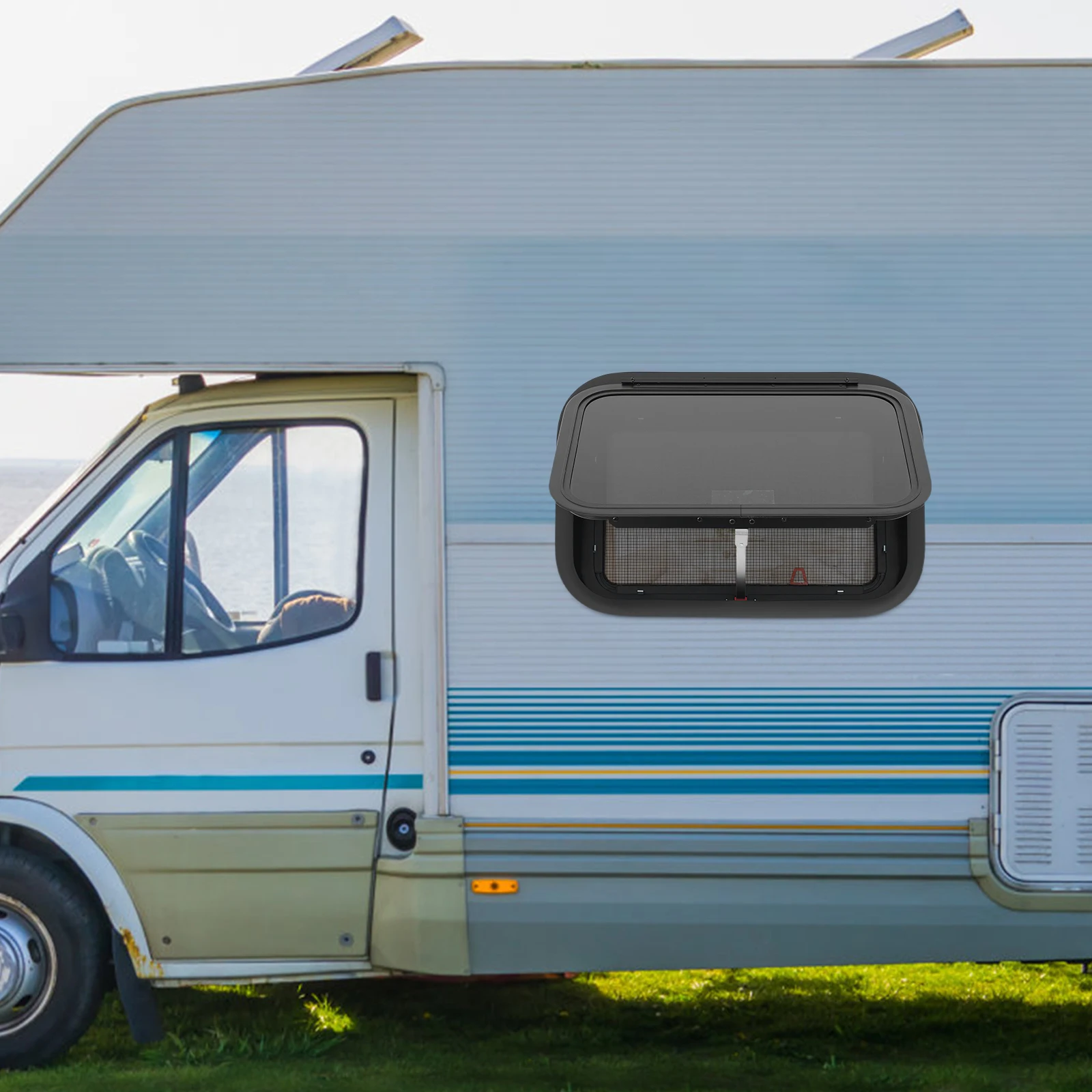 Modern Rectangular RV Exit Window Replacement with Trim Ring and Screen Push Out Glass Camper Window for Vehicles, Trailers