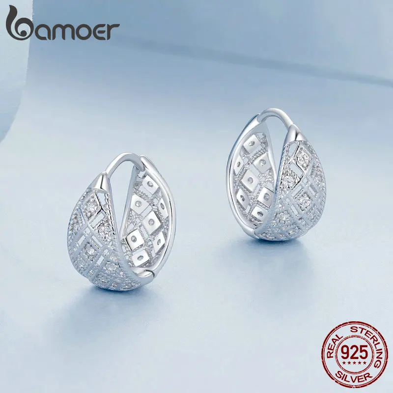 BAMOER Hollow Lace Huggie Hoop Earrings 925 Sterling Silver CZ Hypoallergenic Ear Buckles for Women Jewelry Gift BSE1035