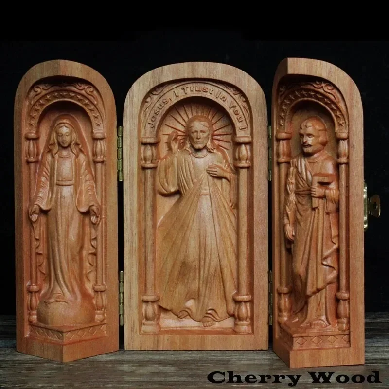 Virgin Mary Portable Church Altar Decor Catholic Holy Objects Three Box Crafts Ornaments Jesus Statue Joseph