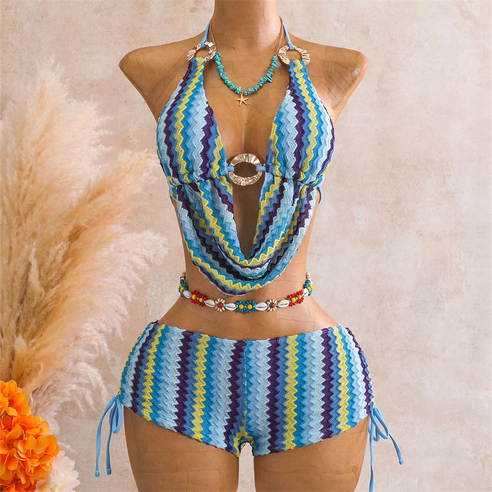 Sexy Knitted Stripe Bikini Shorts Pleated Cowls Y2k Swimsuit Women Halter String Backless Swimwear Hot Beach Outfit Bathing Suit