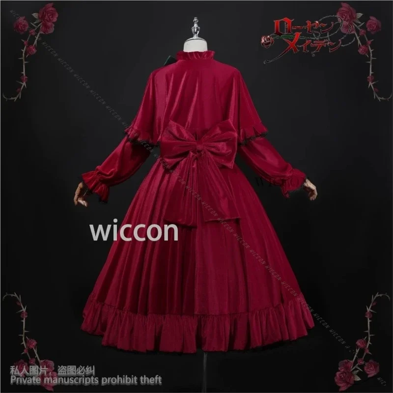 تأثيري شين كو أنيمي روزن تأثيري البكر زي الأحمر المخملية فستان لوليتا قبعة أغطية الرأس الباروكات للفتيات امرأة هالوين حفلة Cust