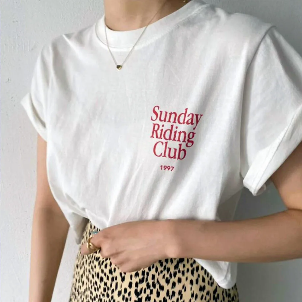 Sunday Riding Club 1997 Letters Printing Women T Shirts Summer Short Sleeve Loose Kpop Tops Cotton Loose Casual Tee Shirts