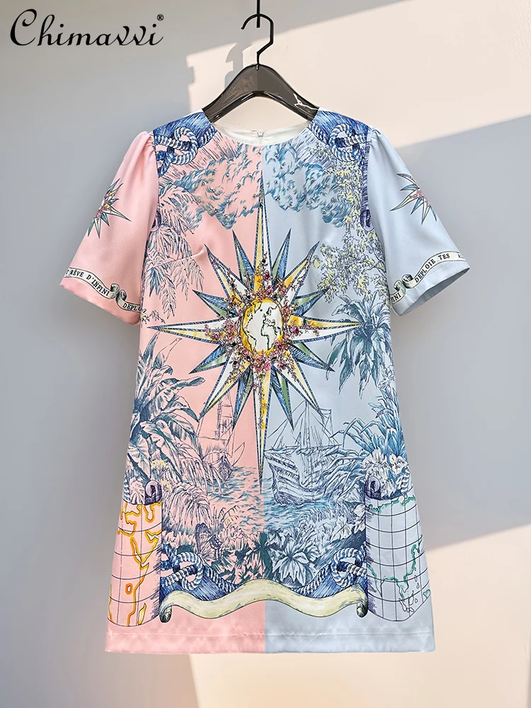 

High-end Fashion Printed Summer Dresses Heavy Industry Diamond Round Neck Short Sleeve High Waist Slim A-line Luxury Dress Women