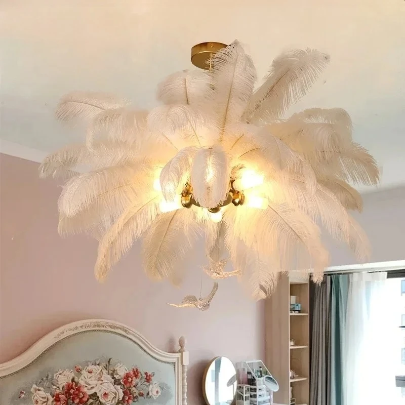 Modern Nordic Ostrich Feather Child Room Chandelier Home Interior Decoration Bedroom Dining Room Pendant Lights Hanging Lamp