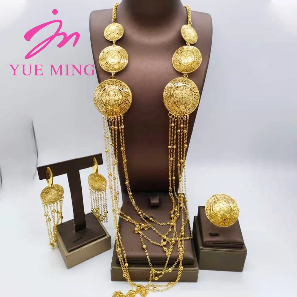 

YM Long Necklace Earrings Ring Set Elegant Women Jewelry Set 18K Gold Plated Chain Adjustable Ring Tassel Earrings Wedding Party