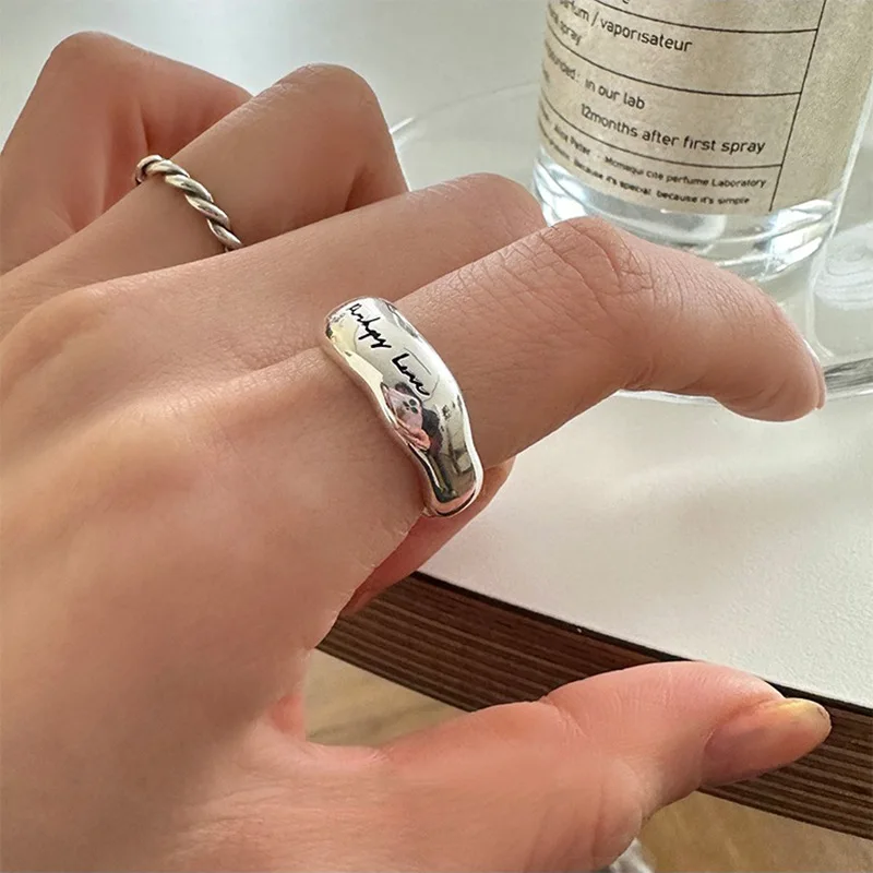 Cincin huruf Retro sederhana perak Sterling 925 untuk wanita, cincin perhiasan pesta alergi terbuka buatan tangan Smiple mode geometris
