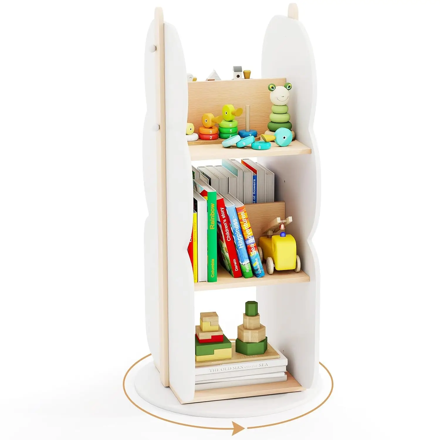 Rotating Kids Bookshelf Wooden 360° Spinning Corner Organizer w/Baffles, 3-Tier Toddler Shelf for Nursery & Playroom, Customized