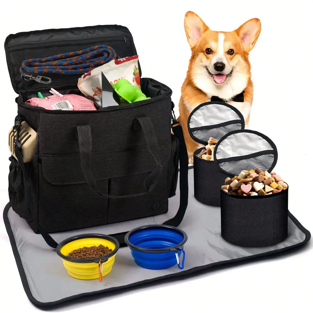 

Dog Travel Bag Pet Carrier Set With 2 Collapsible Bowls MultiCompartment Design Zipper Closure Ideal For Overnight Trips Hallow