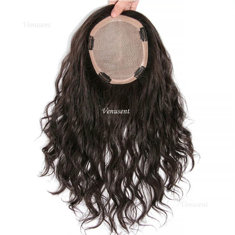 20 "16x18 سنتيمتر موجة الحرير الطبيعي قاعدة توبر الشعر البشري اليد تعادل تنفس الحرير العلوي الشعر المستعار المرأة غطاء شعر ريمي مع مقاطع في