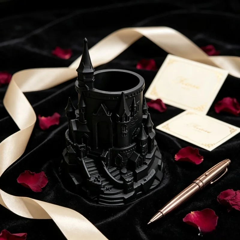3D-printed Retro Dark Black Castle, Gothic Fantasy-style Desktop Pen Holder Storage Piece Halloween  Makeup Brush Organizer