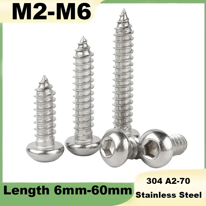 Button Head Socket Cap Screws M2 M2.5 M3 M3.5-M6 304 Stainless Steel Hexagon Round Head Self Tapping Screw for Wood Allen Drive