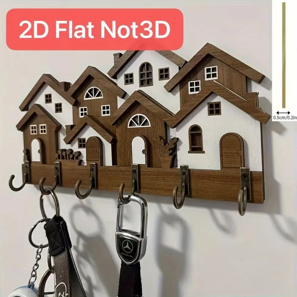 Gifts Wood Wooden Key Holder 2D Flat House Shape Wall Key Rack Wall Mounted Colorful Decorative Key Hanger Entryway Organizer