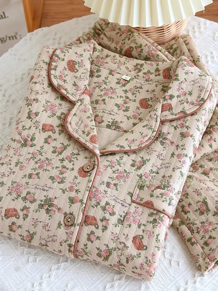 Thiened Air Cotton Long Sve Floral Print Spwear Set Women's Tee-Layer Cotton Air Home Clothes Sweet Sle Pajamas