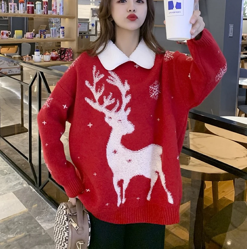 GAODINGLAN Large Size Loose Sweaters Women Long Sleeve Christmas Deer Pullovers Thick Warm Sweater Autumn Winter Knitted Top