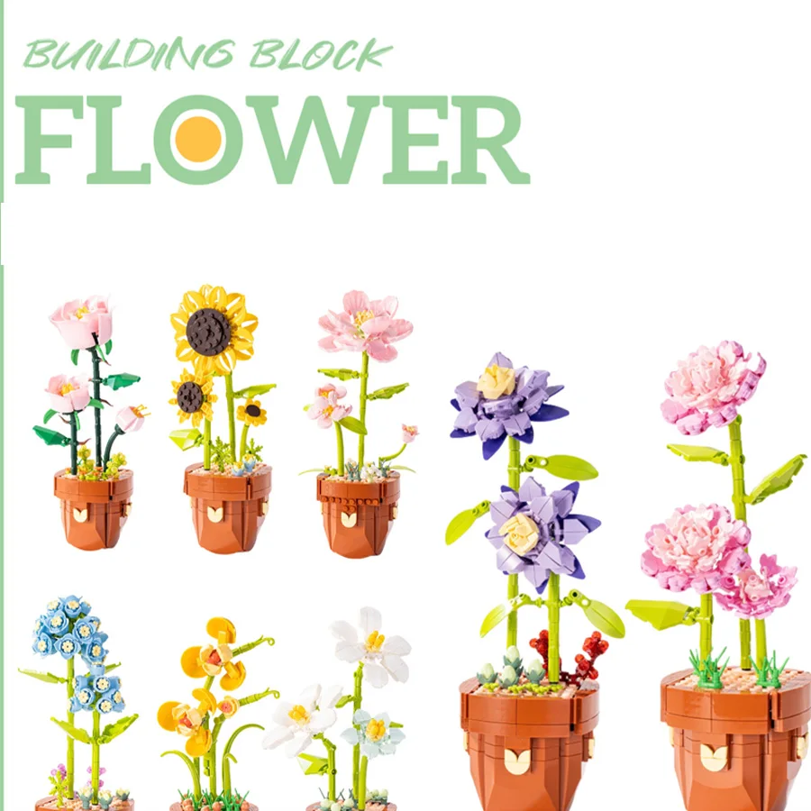 MOC Bouquet di fiori con vaso Building Blocks Decorazioni per piante in vaso Assemblaggio di giocattoli San Valentino Rose Bricks Regalo fai da te per ragazze