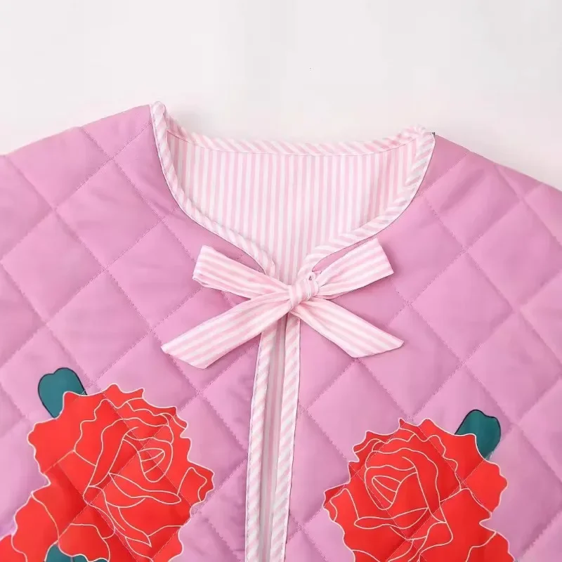 2024 New Retro Casual Women's Rose Printed Bow Cotton Jacket, Fresh and Sweet Long Sleeve Loose Round Neck Versatile Top