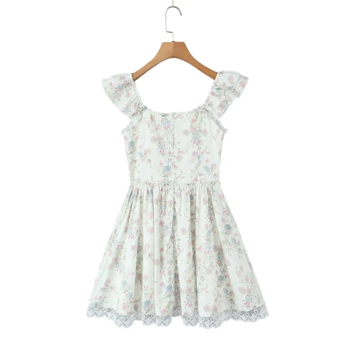 Robe débardeur en dentelle épissée, imprimé Floral, Sexy, col en V, bretelles à volants, oreilles en bois, taille basse, robes courtes, Robe trapèze doublée