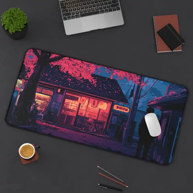 Nighttime Small Shop Scene, Cute Kawaii Desktop Decorations, Artistic Style Desk Mat, Anime Desk Mat, Perfect Gift for Friends