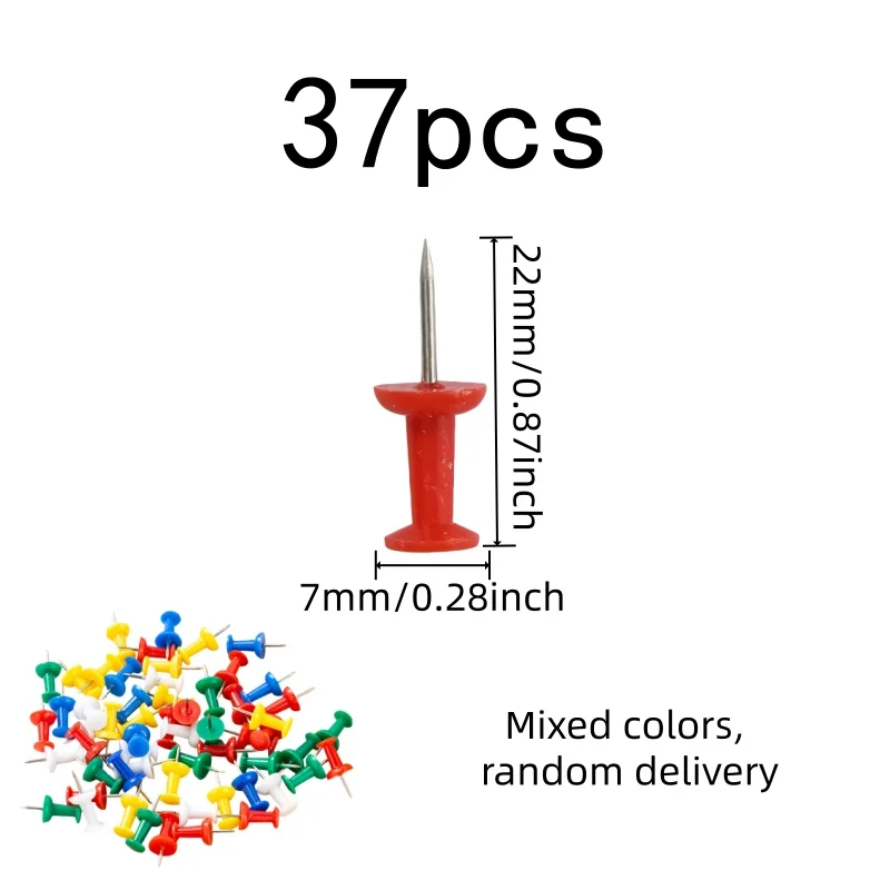 37 pcs I-Shape Map Pins, Home Photo Wall, Sharp Steel Pin Point, Easy Finger Push Grip, Multipurpose